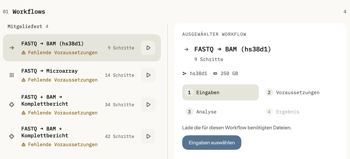 Genome: Workflow-Auswahl mit den Details des gewählten Workflows