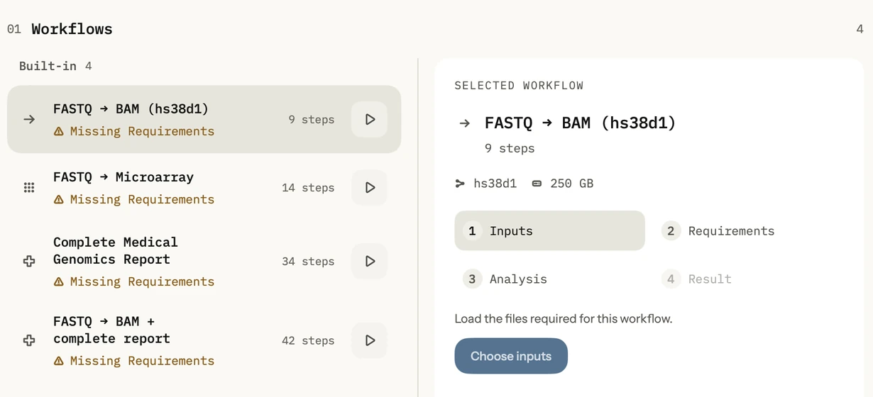 Genome: workflow selection with the details of the chosen workflow