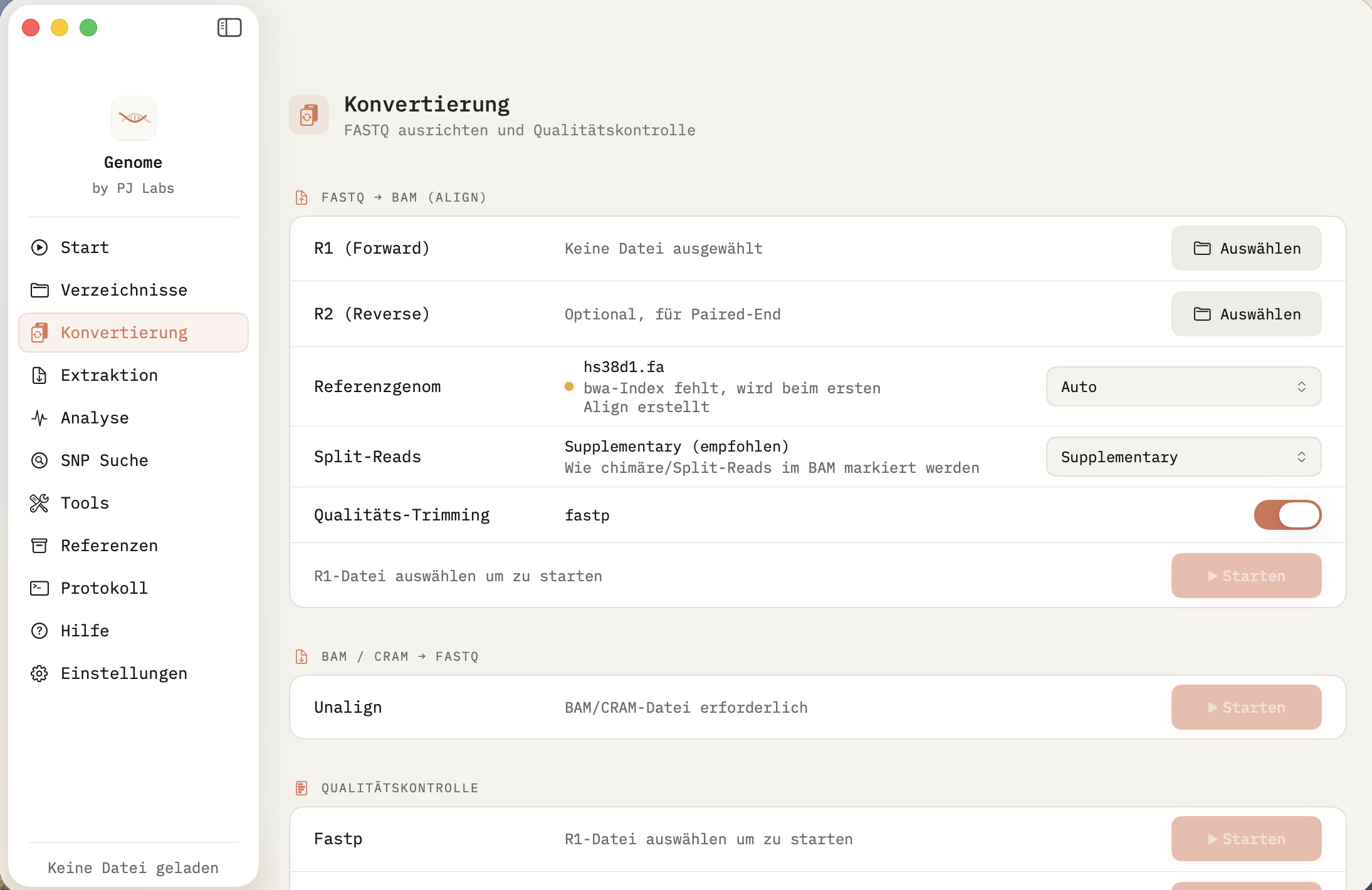 Genome Konvertierung: FASTQ zu BAM mit bwa-mem2, optionales fastp-Trimming, automatischer Referenz-Detection. BAM/CRAM-Unaligner und Fastp-QC als Extra-Sektionen.