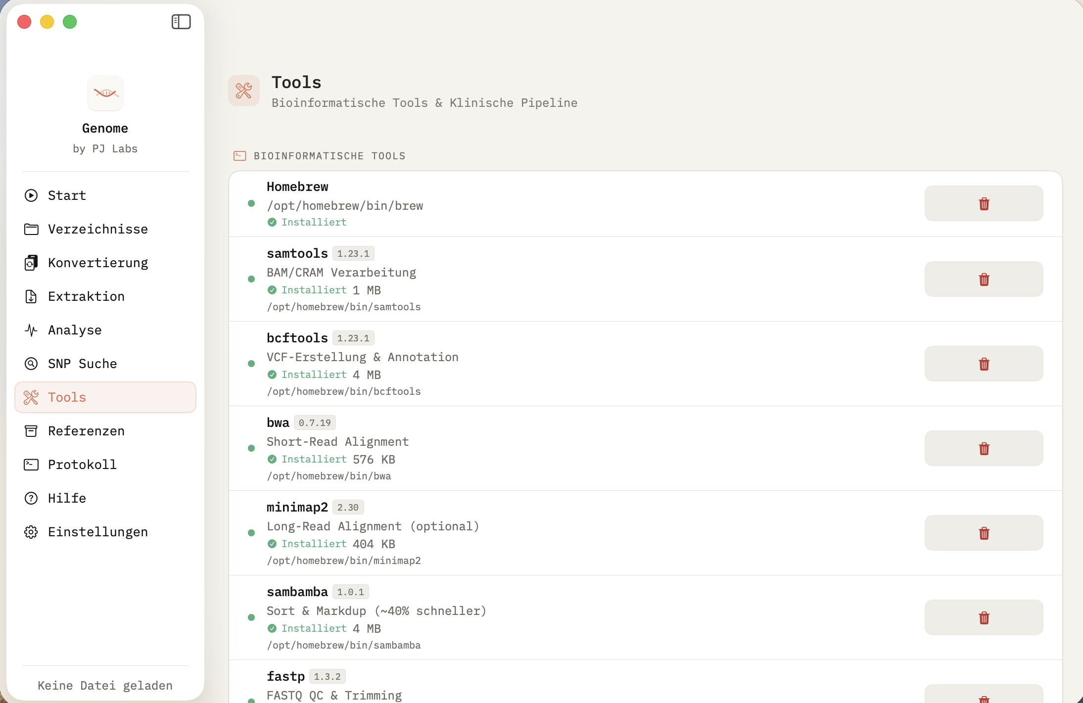 Genome Tools: Bioinformatische Abhängigkeiten (samtools, bcftools, bwa, minimap2, samtambia, fastp) werden erkannt oder via Homebrew installiert.