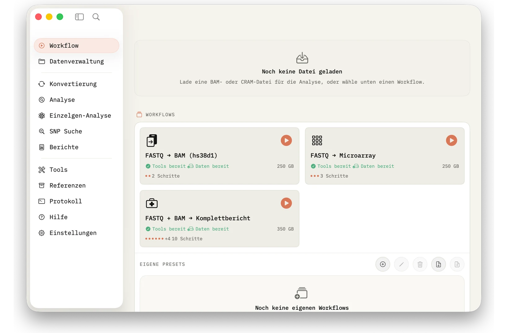 Workflow: Presets, Voraussetzungen, Start-Aktionen und eigene Workflows in einer ruhigen nativen Mac-Oberfläche.