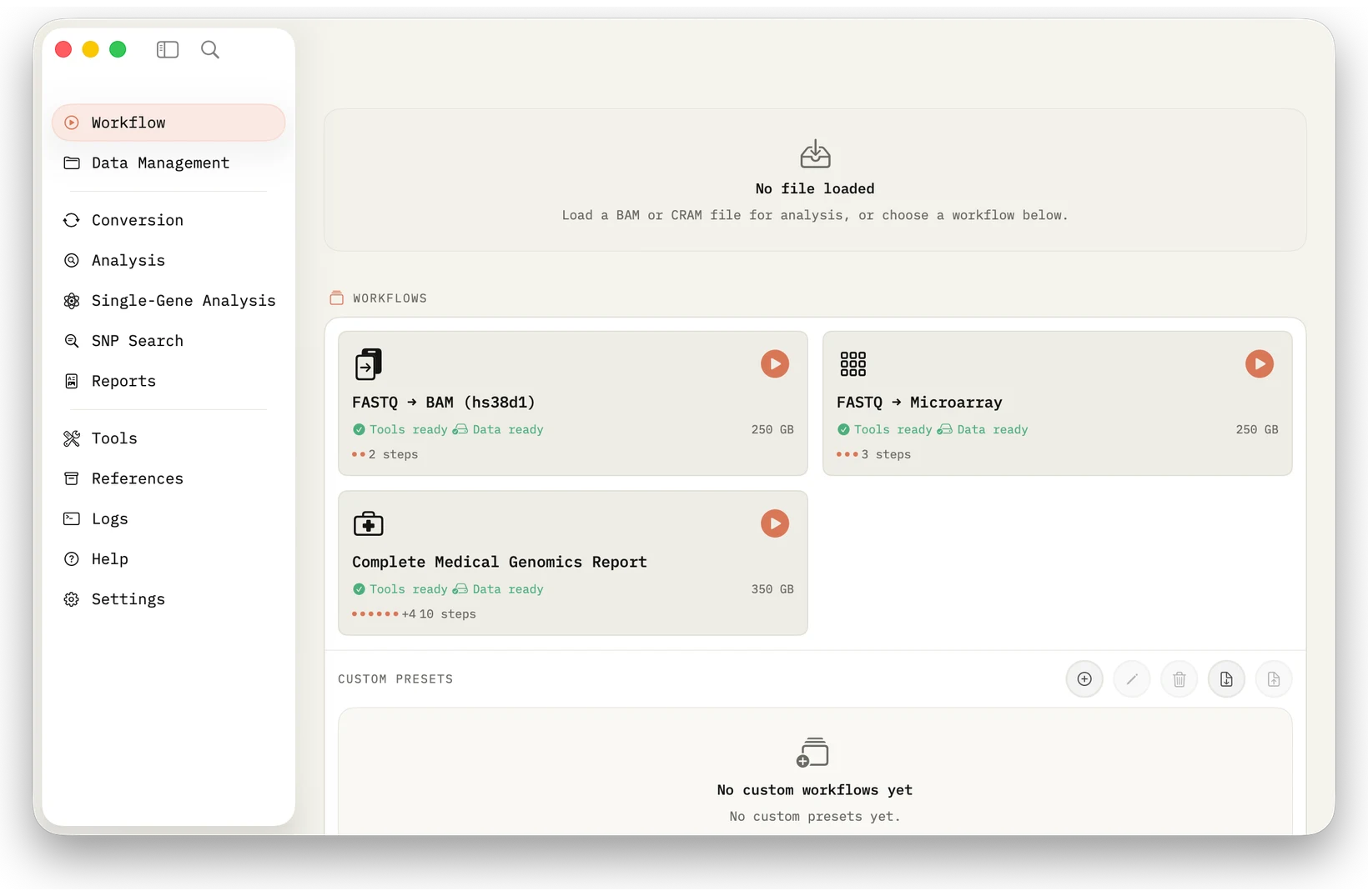 Workflow: Presets, prerequisites, start actions and custom workflows in a calm native Mac interface.
