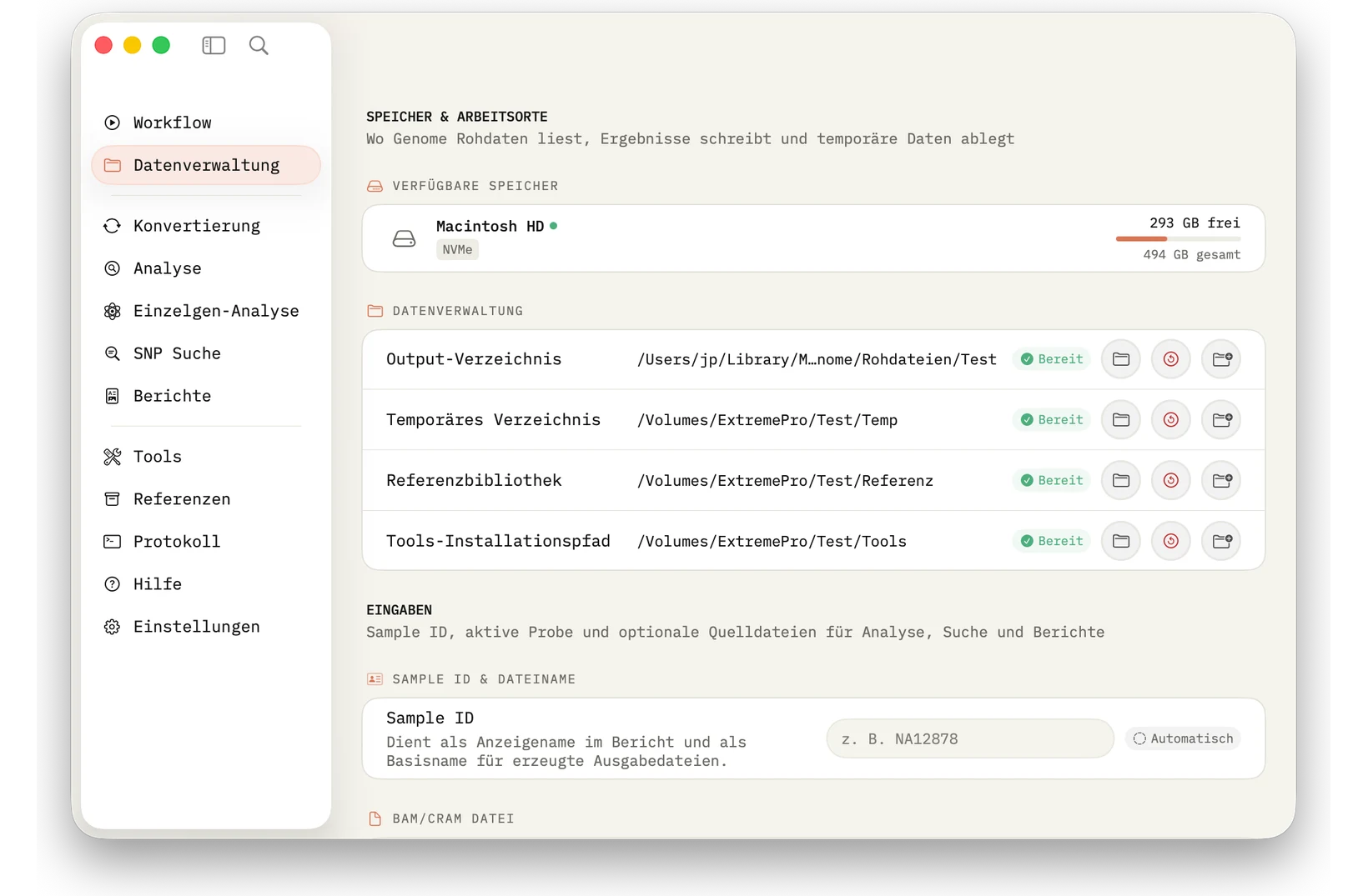 Datenverwaltung: BAM/CRAM laden, Pfade prüfen, Status lesen und Eingaben für alle Workflows zentral verwalten.