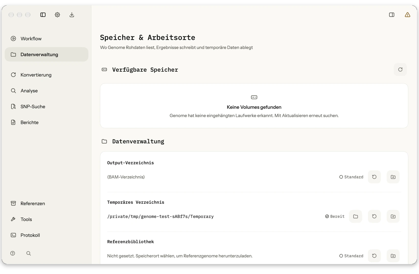 Datenverwaltung: BAM/CRAM laden, Pfade prüfen, Status lesen und Eingaben für alle Workflows zentral verwalten.