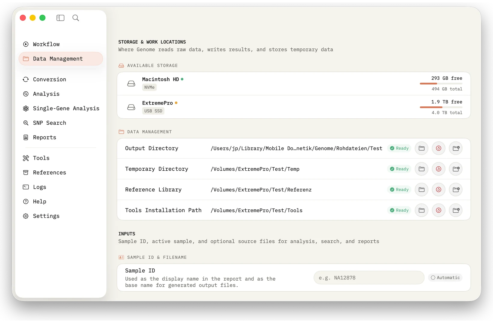 Data management: Load BAM/CRAM, check paths, read status and manage inputs for all workflows in one place.