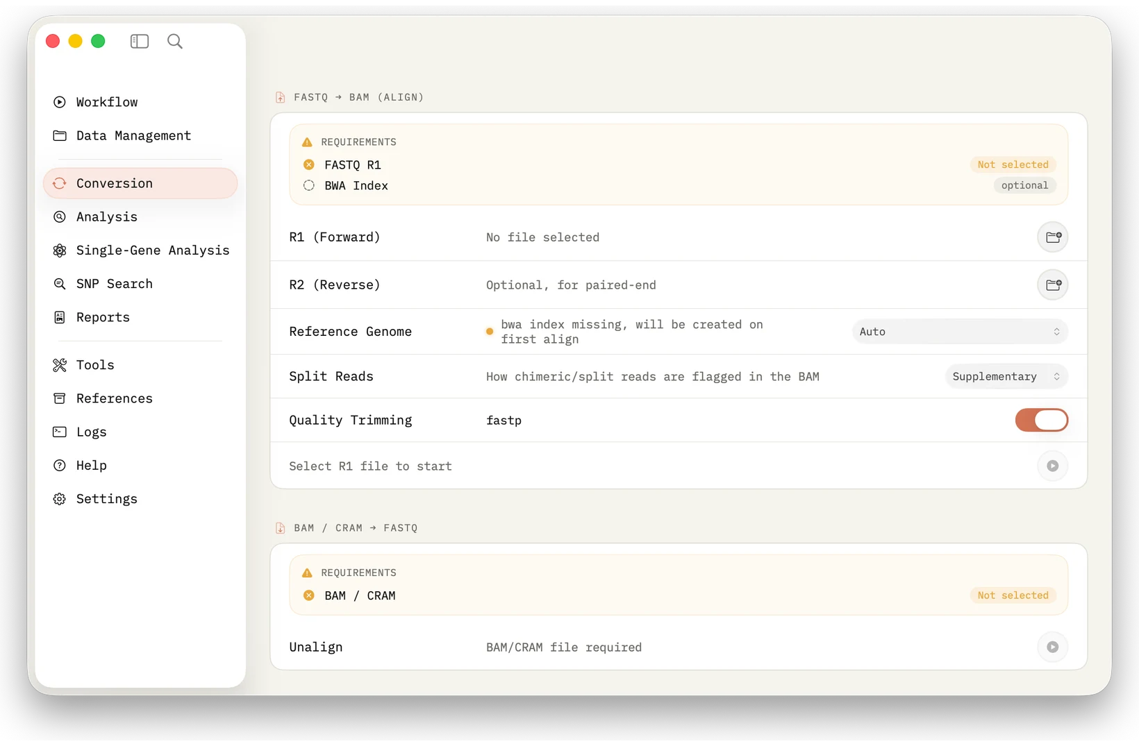 Conversion: Prepare, check, index and convert FASTQ, BAM and CRAM locally between formats.
