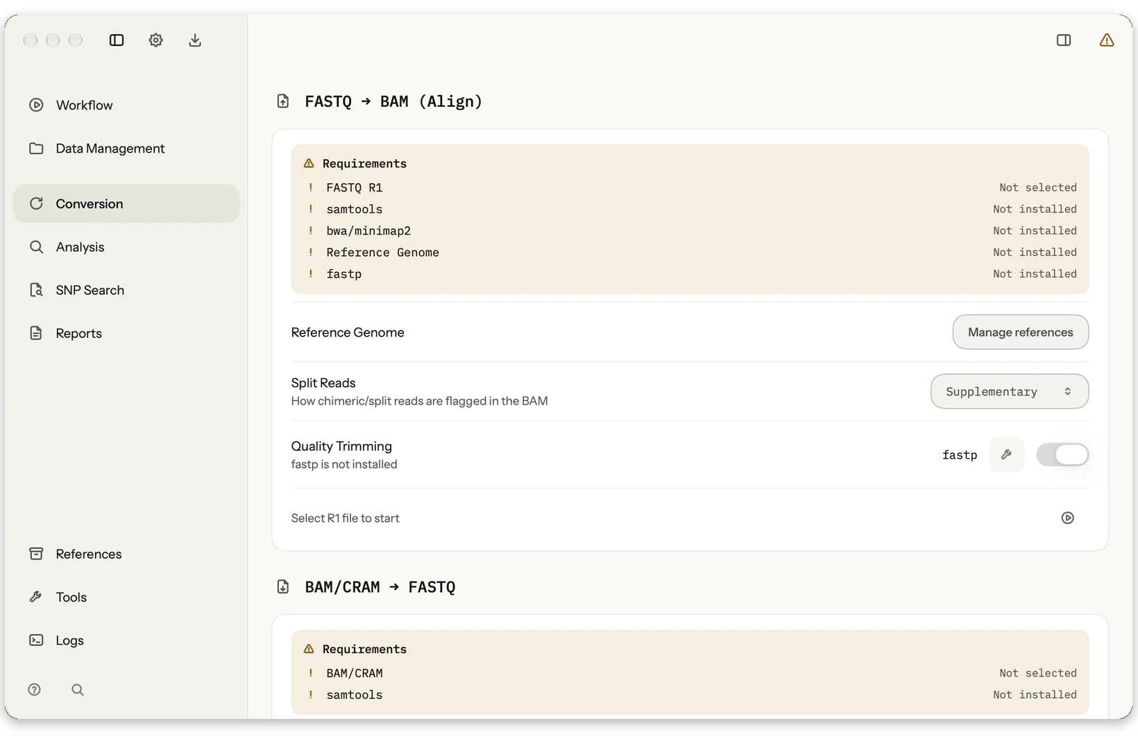 Conversion: Prepare, check, index and convert FASTQ, BAM and CRAM locally between formats.