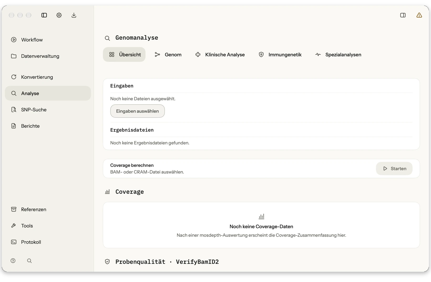 Analyse: Domänenspezifische Auswertungen für mtDNA, EBV, HLA, KIR, Pharmakogenetik, Repeats, LPA, PGS und Microarray-Daten starten.