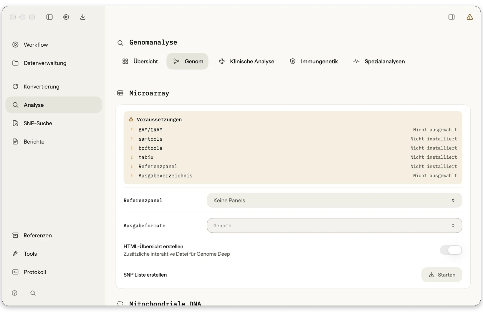 Einzelgen-Analyse: Einzelne Gene auswählen, Coverage und Varianten nach Kategorien prüfen und technische Details gezielt auswerten.