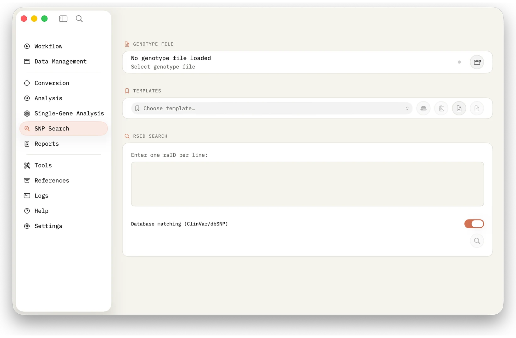 SNP search: Look up rsIDs in your own genotype data, normalize, enrich and inspect them in a table.