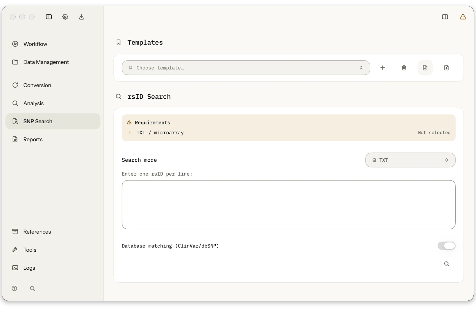 SNP search: Look up rsIDs in your own genotype data, normalize, enrich and inspect them in a table.