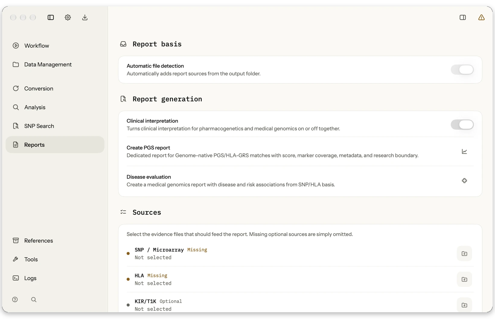 Reports: PDF reports with data sources, quality information and a table of contents.