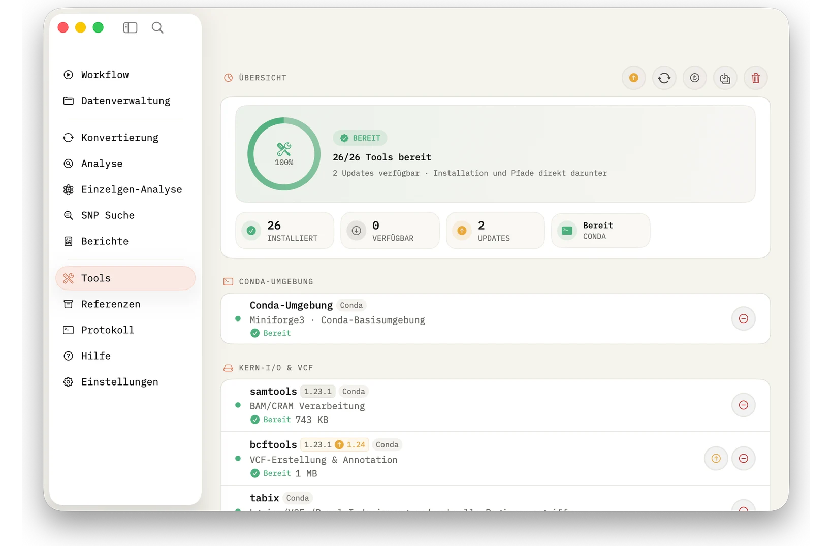 Tools: Installierte Werkzeuge, Versionen, Größen, Quellen, Updates und Entfernen sichtbar kontrollieren.