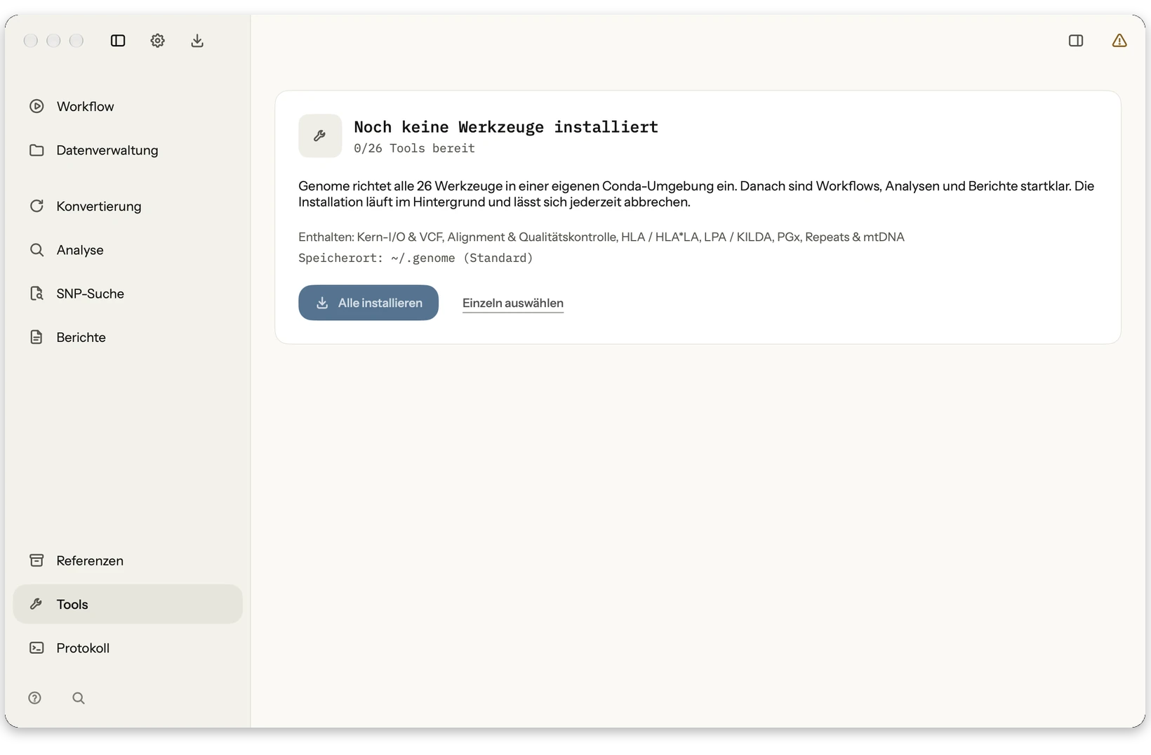 Tools: Installierte Werkzeuge, Versionen, Größen, Quellen, Updates und Entfernen sichtbar kontrollieren.