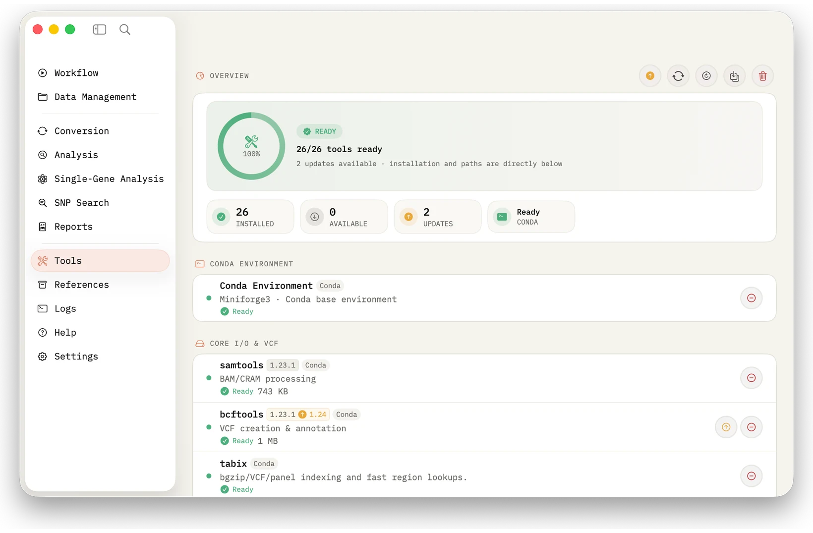 Tools: See and control installed tools, versions, sizes, sources, updates and removal.