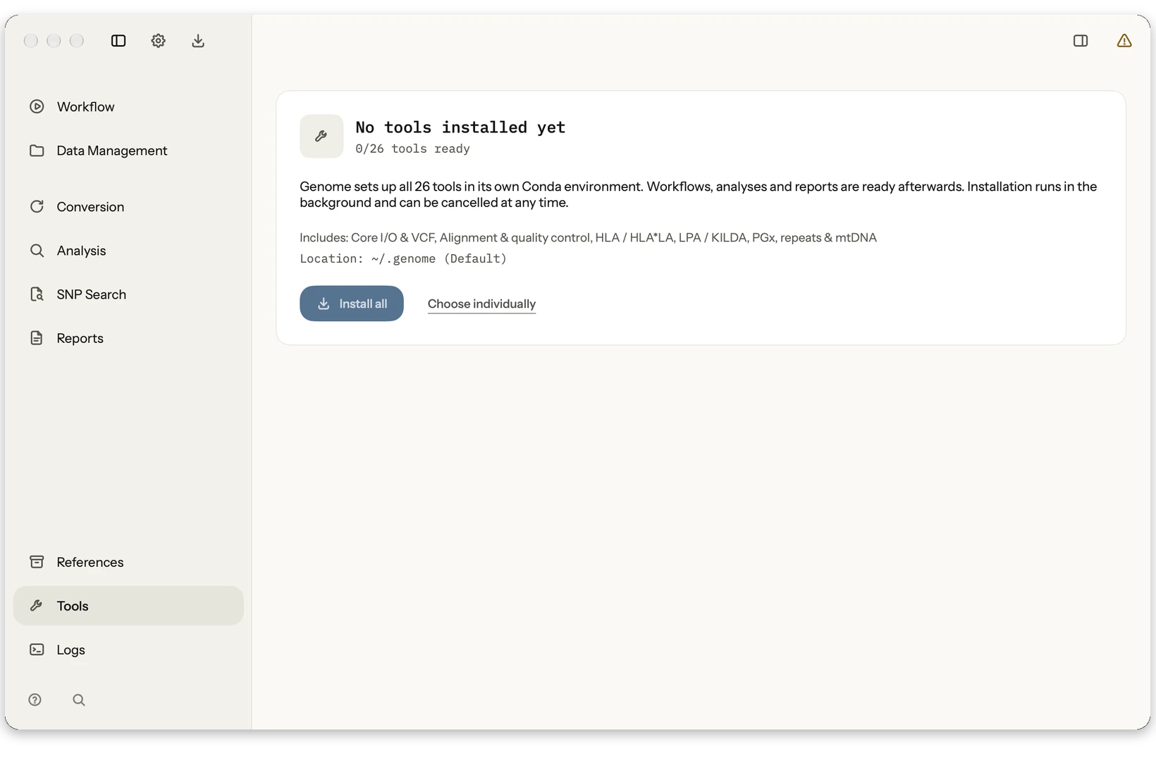 Tools: See and control installed tools, versions, sizes, sources, updates and removal.