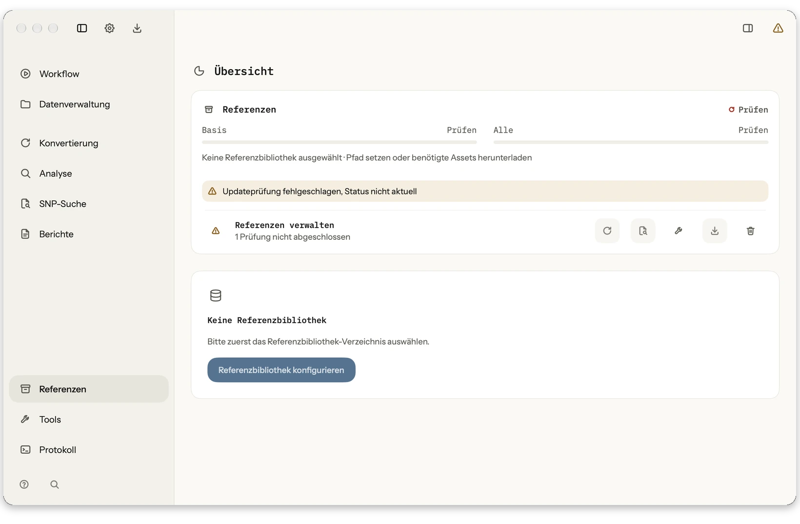 Referenzen: GRCh38/hs38d1, HLA*LA-Graph, IPD-KIR, T1K-Referenzen, dbSNP/ClinVar und Panels lokal verwalten.