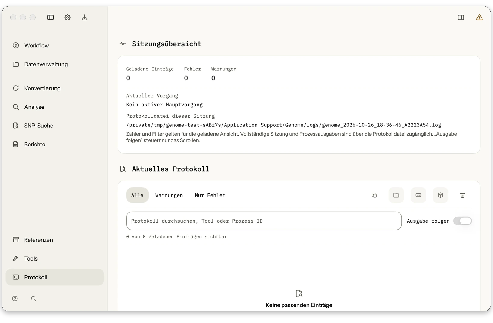 Protokoll: Fortschritt, Warnungen und technische Ausgaben eines Laufs nachvollziehen.
