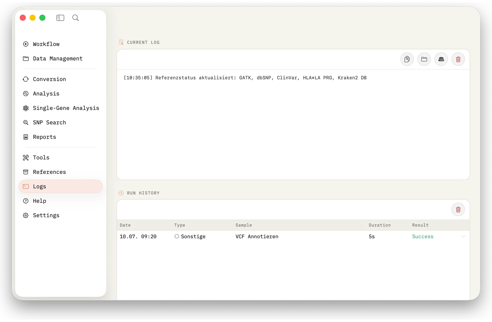 Log: Trace runs, heartbeats, progress, warnings and technical output.