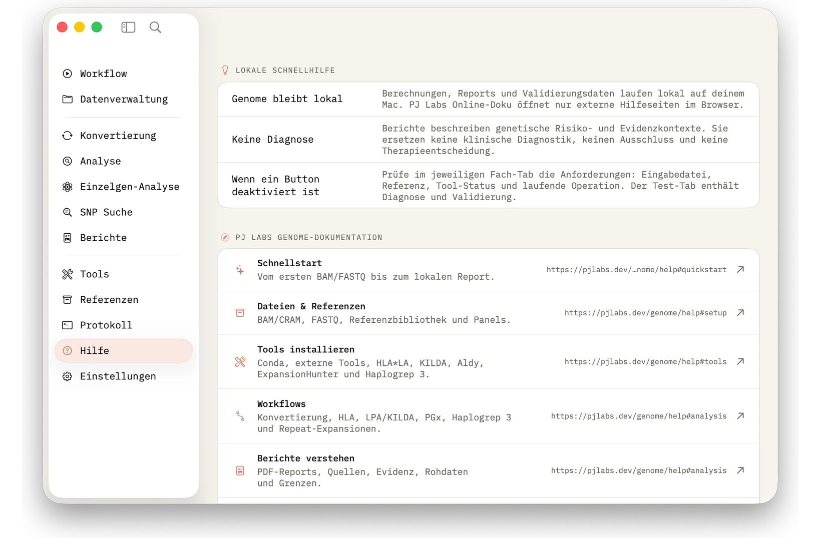 Hilfe: Strukturierte Hilfe direkt in der App und online auf pjlabs.dev.