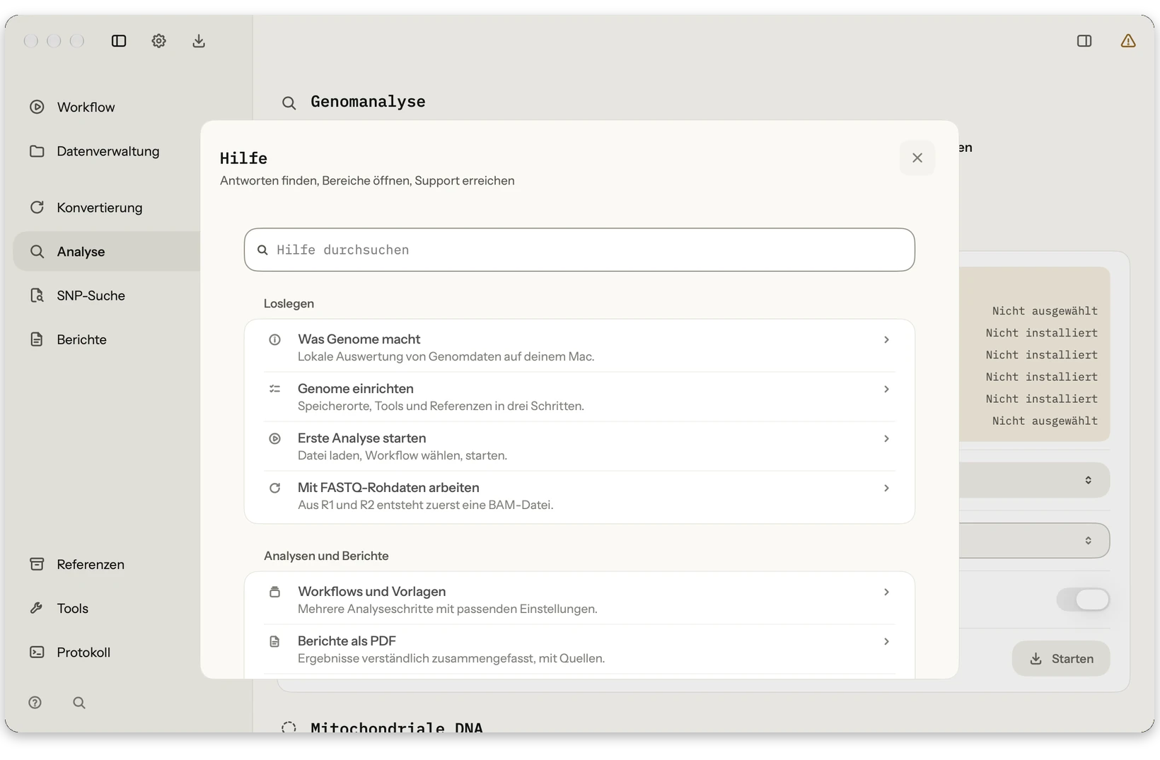 Hilfe: Strukturierte Hilfe direkt in der App und online auf pjlabs.dev.
