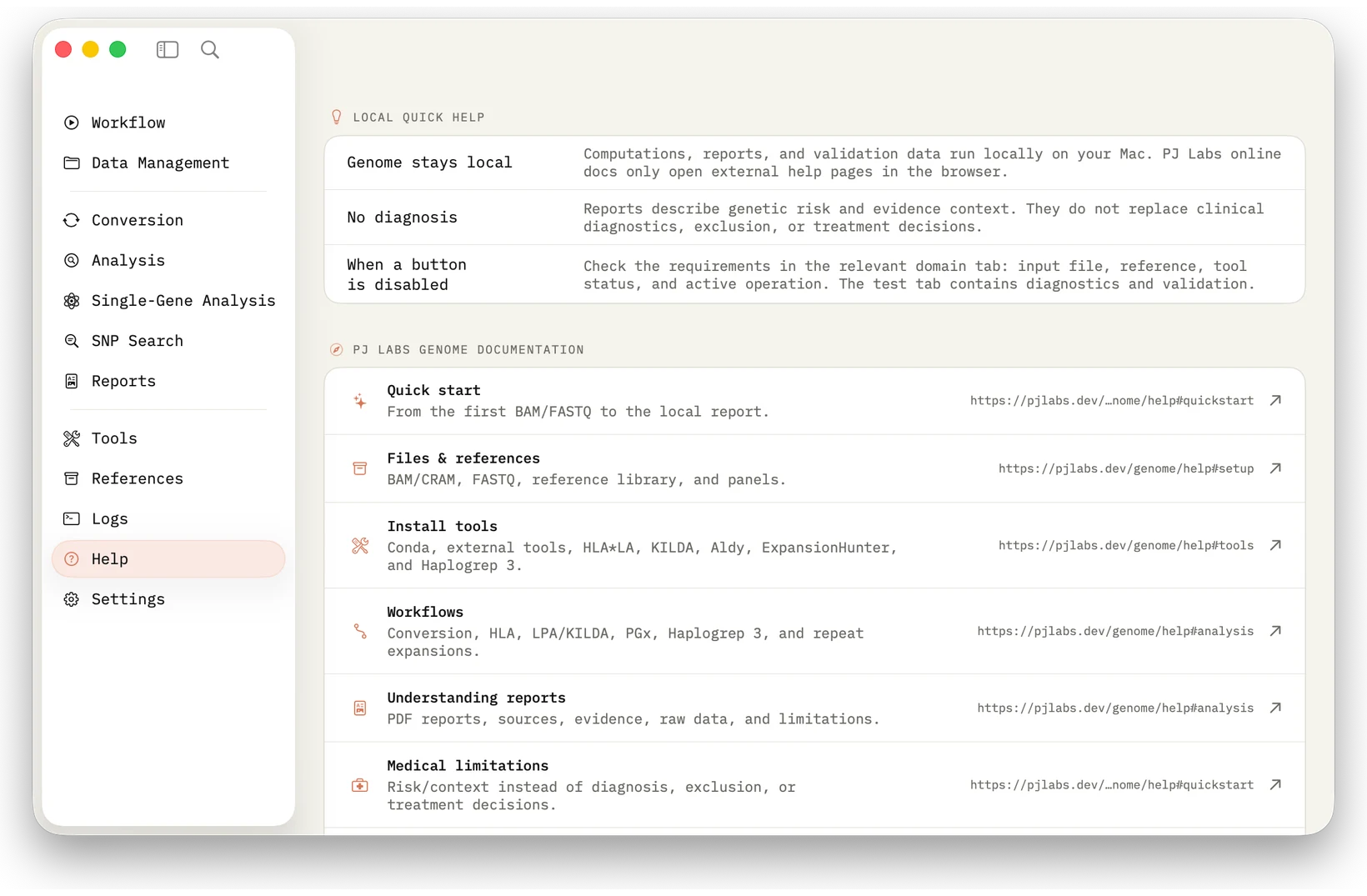 Help: Structured help directly in the app and online at pjlabs.dev.