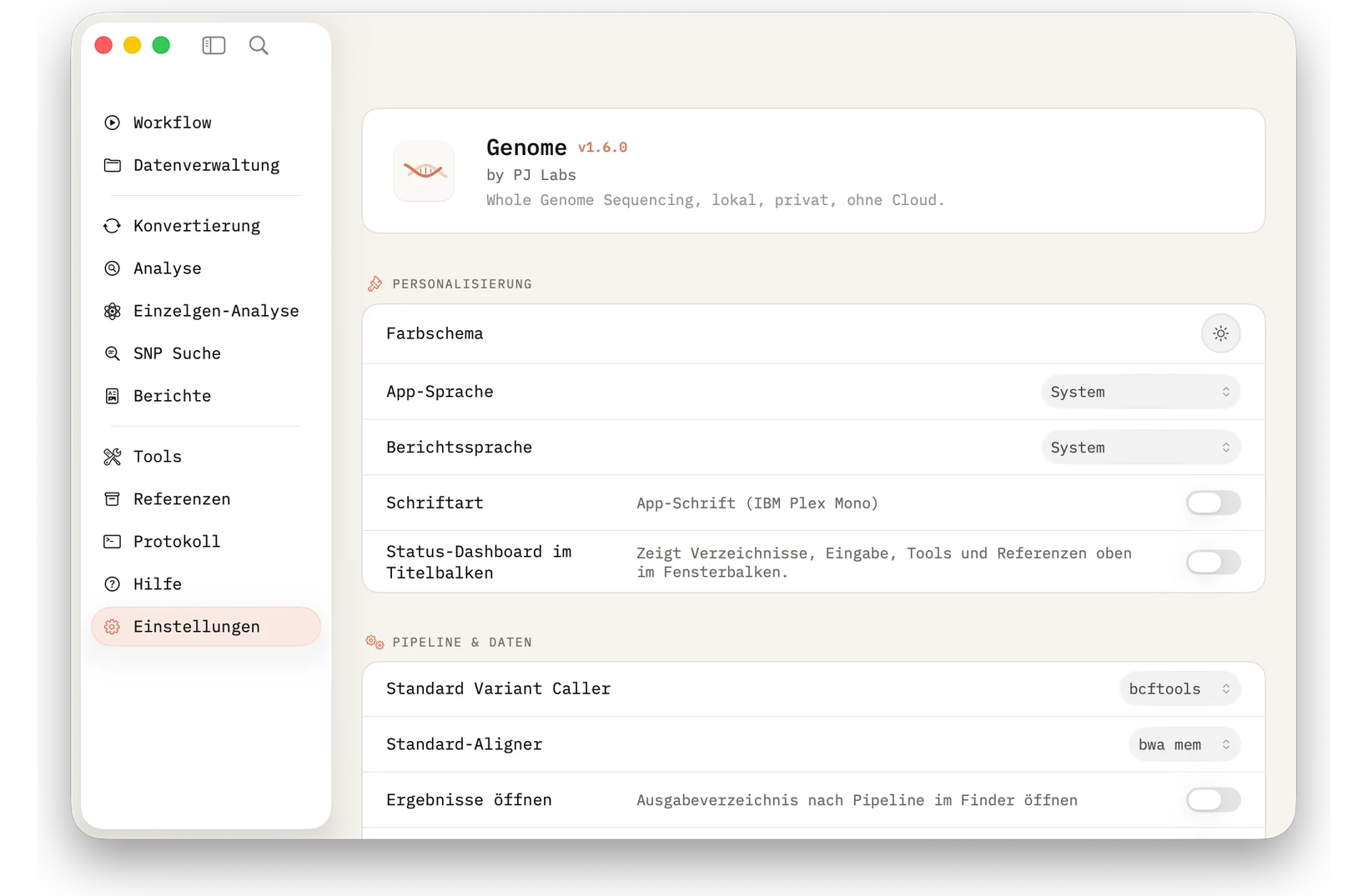 Einstellungen: App-Sprache, Berichtssprache, Design, Exportverhalten und Entwickleroptionen ruhig gebündelt.