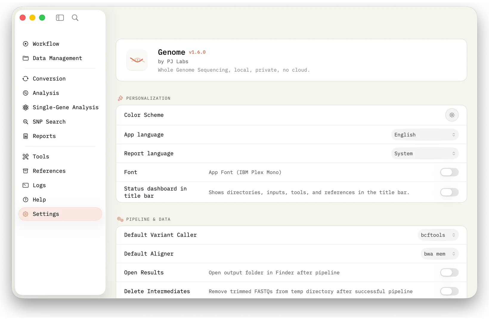 Settings: App language, report language, appearance, export behavior and developer options, calmly grouped.