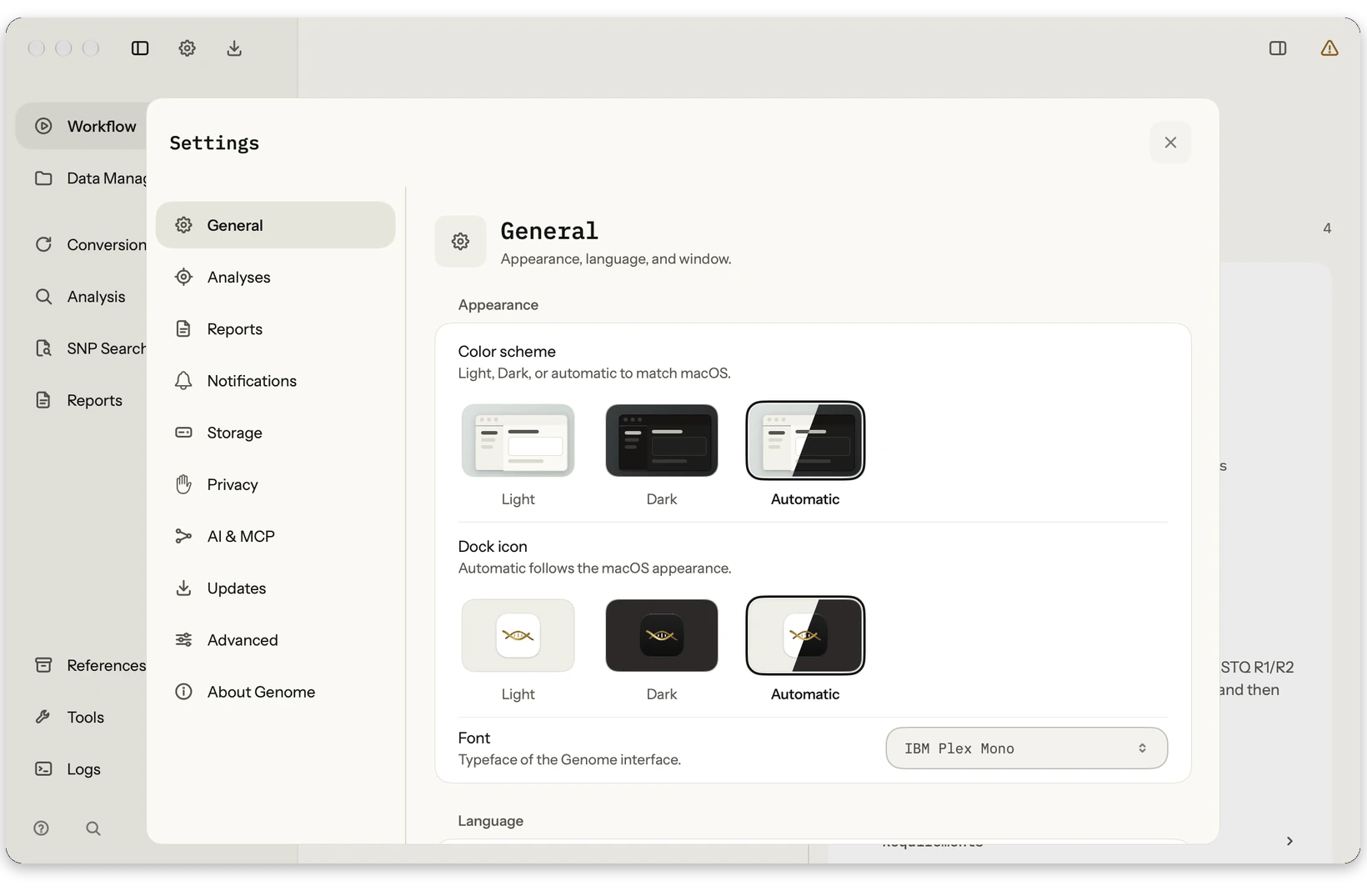 Settings: App language, report language, appearance, export behavior and developer options, calmly grouped.