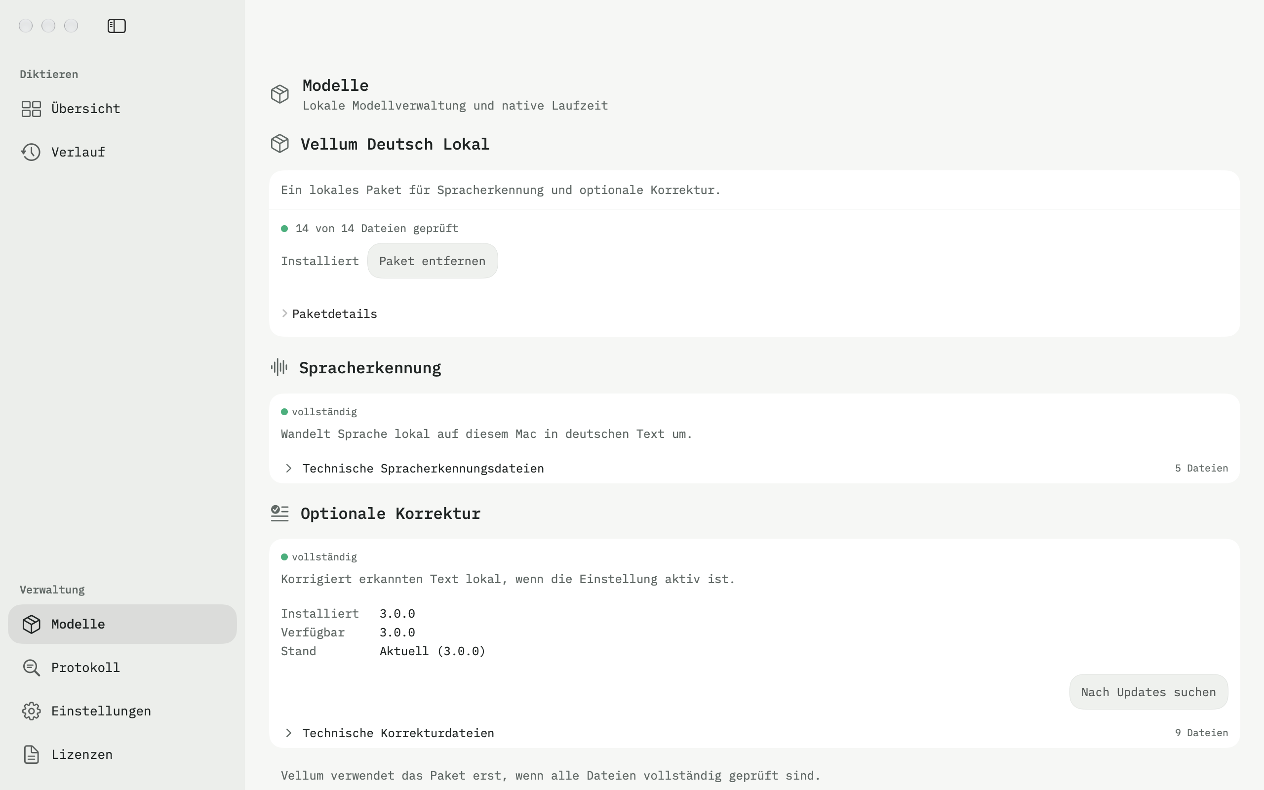 Modelle: Verwalte die lokale Spracherkennung und die optionale Korrekturkomponente.