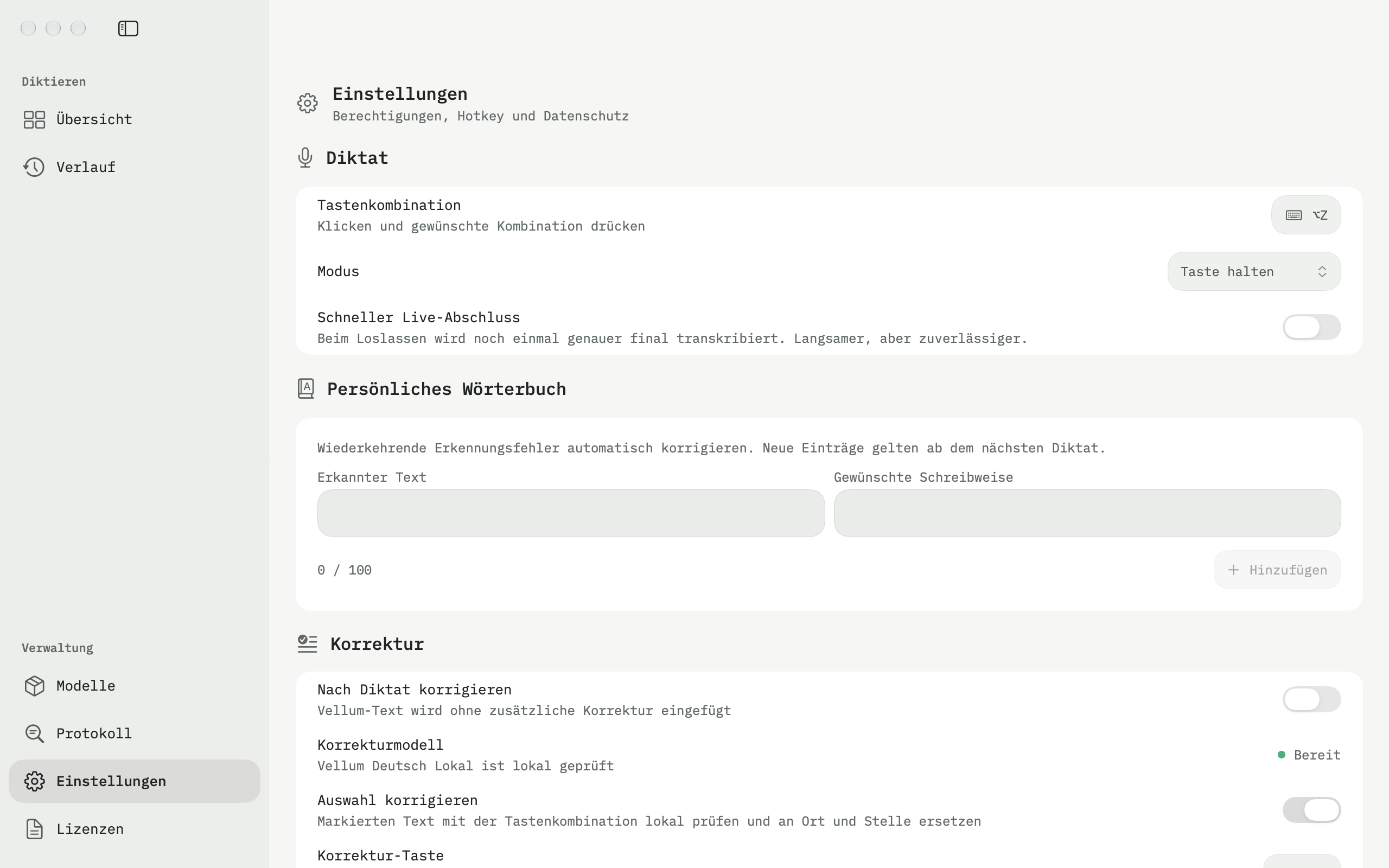 Einstellungen: Tastenkombinationen, schneller Live-Abschluss, persönliches Wörterbuch und optionale Korrektur.